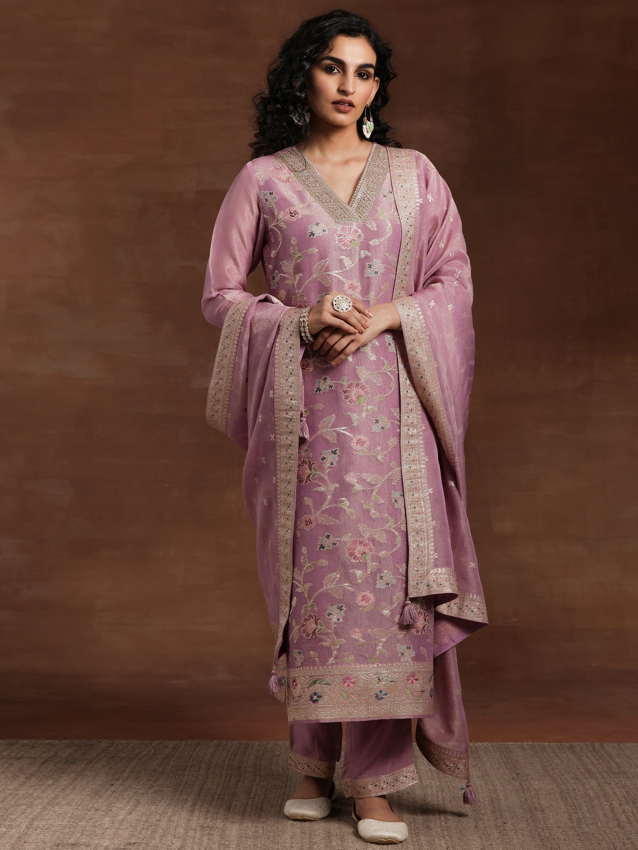 Mauve Woven Design Silk Blend Straight Kurta with Trousers & Dupatta