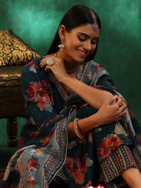 Teal Printed Silk Blend Straight Suit with Dupatta