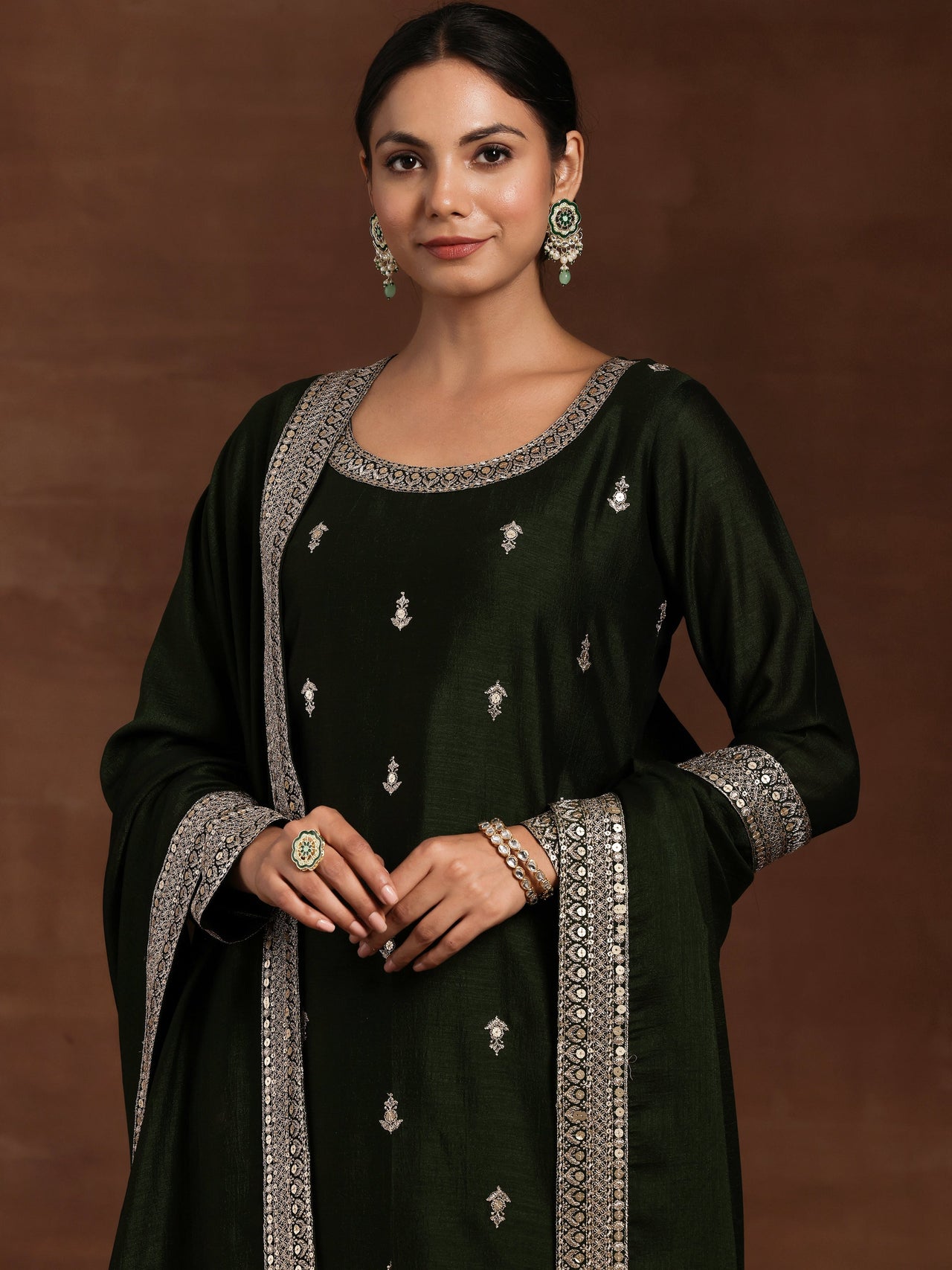 Green Embroidered Silk Blend Straight Suit with Dupatta