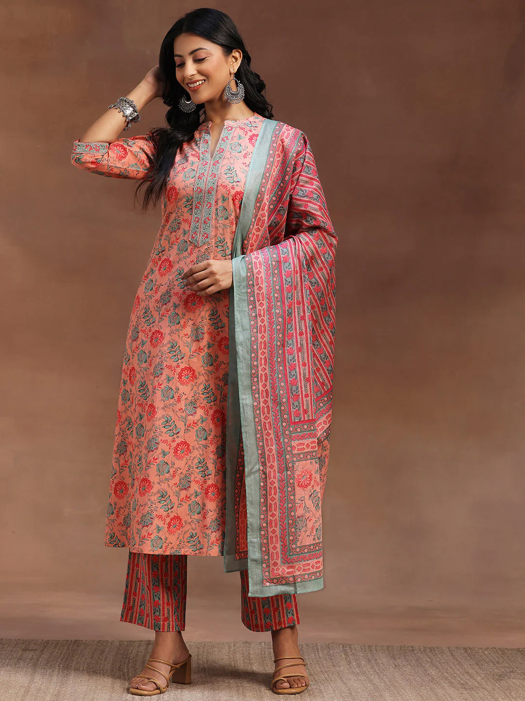 Peach Printed Cotton A-Line Kurta with Trousers & Dupatta