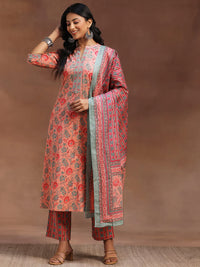 Peach Printed Cotton A-Line Kurta with Trousers & Dupatta