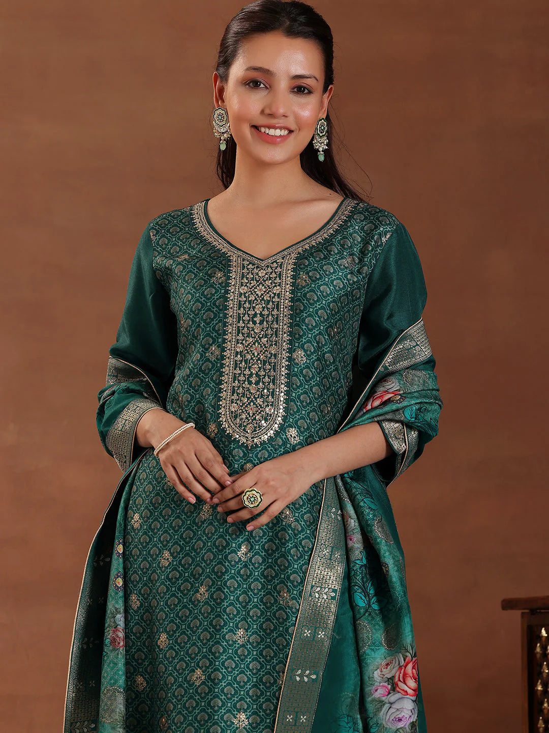 Green Printed Silk Blend Straight Suit with Dupatta