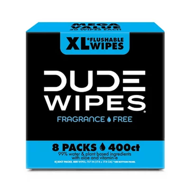 DUDE WIPES XL Flushable Wipes, Fragrance Free, 8 Ct., 400 Wipes