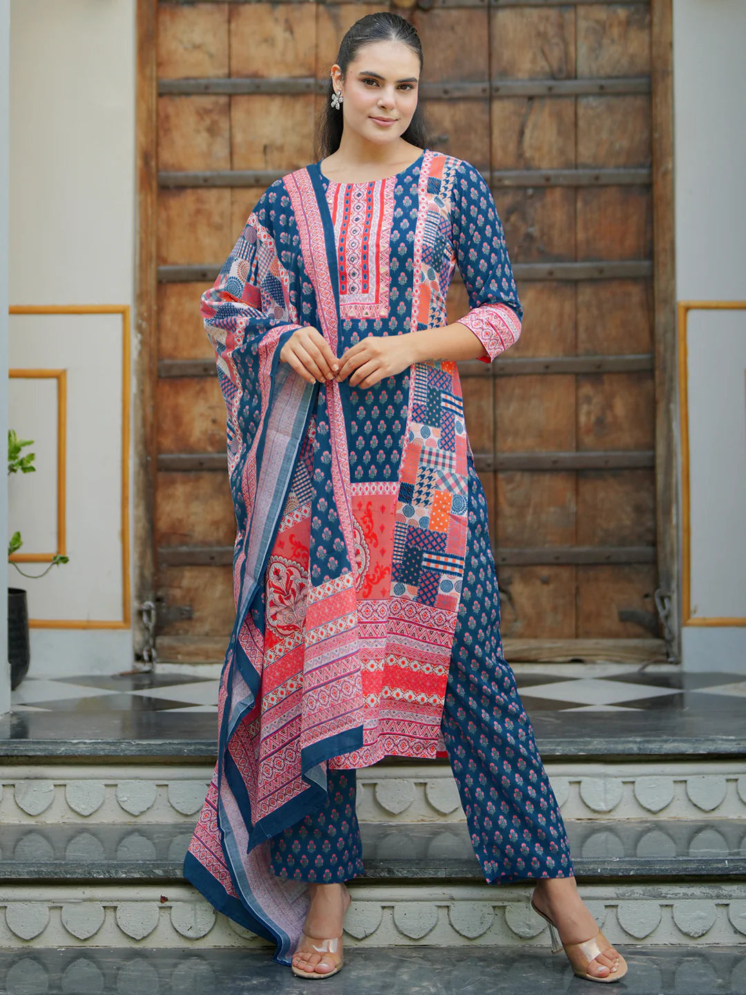 Multicoloured Printed Linen Straight Suit with Dupatta