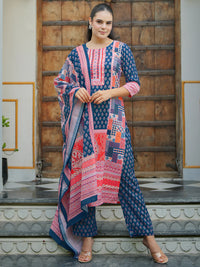 Multicoloured Printed Linen Straight Suit with Dupatta