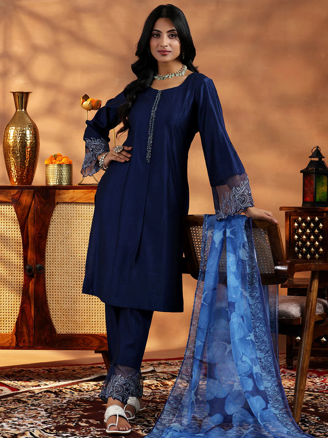 Blue Yoke Design Silk Blend Straight Suit with Dupatta