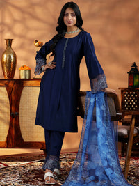 Blue Yoke Design Silk Blend Straight Suit with Dupatta
