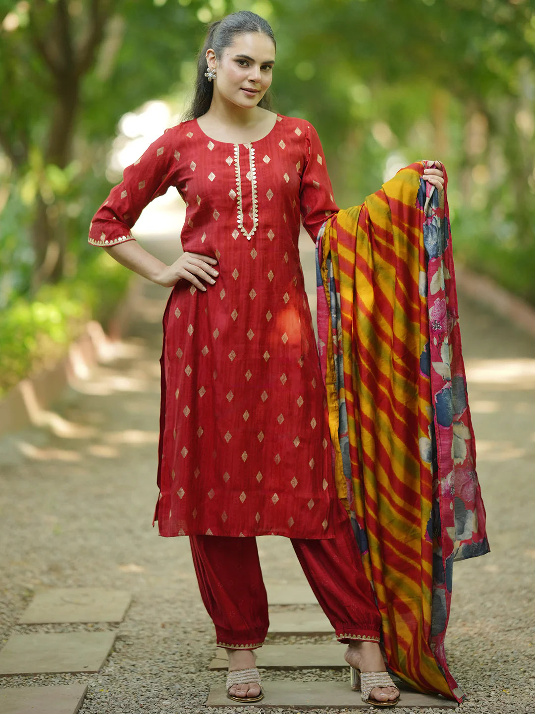 Red Woven Design Silk Blend Straight Suit with Dupatta