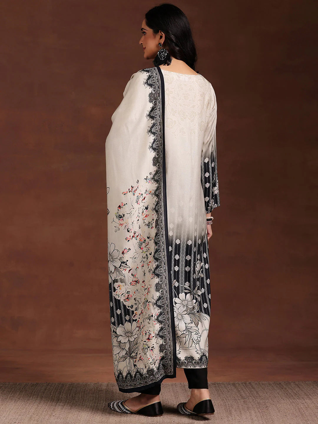 Monochrome Printed Silk Blend Straight Suit with Dupatta