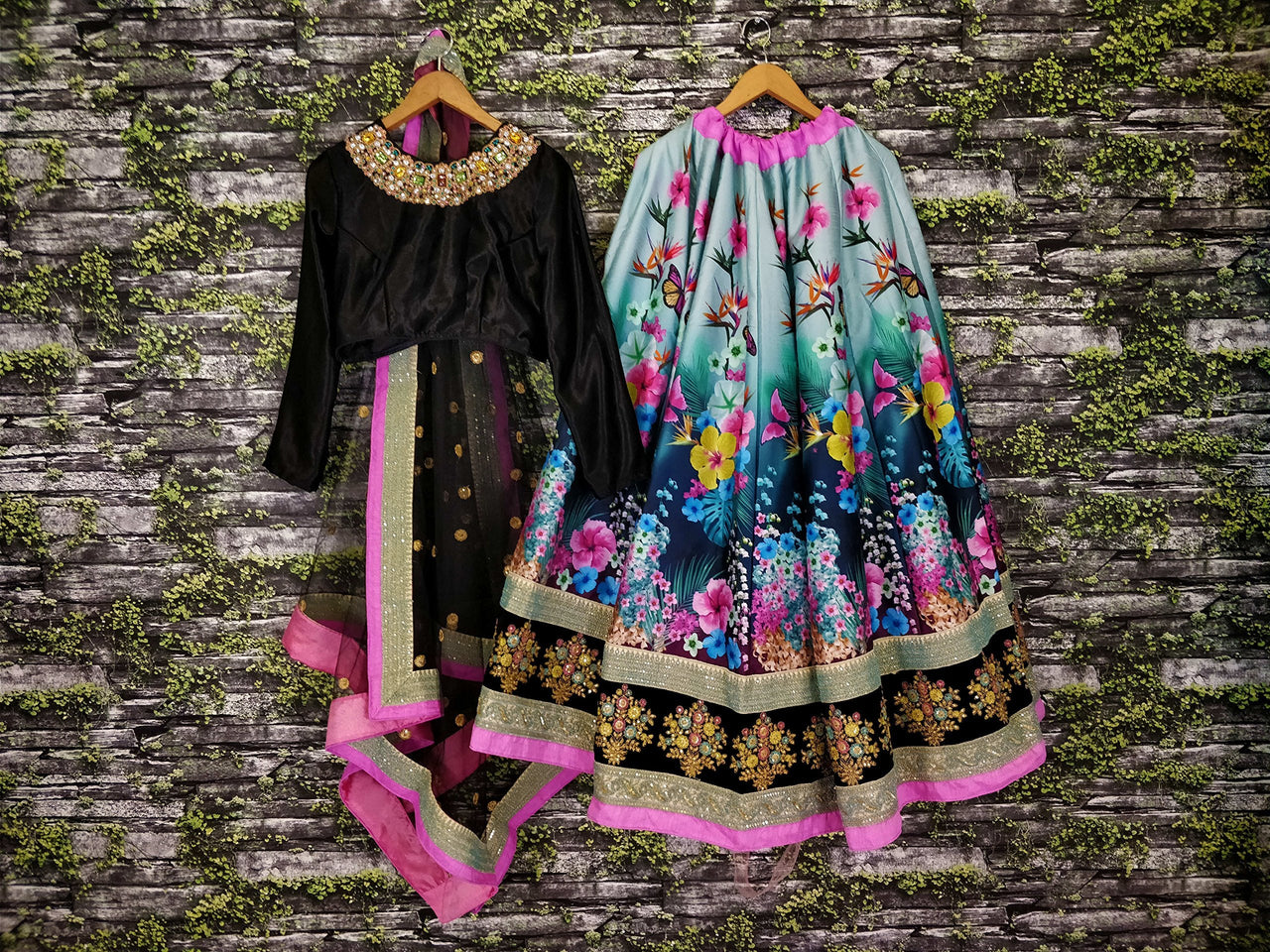 Zeel Clothing Women's  Velvet & Silk Semi stitched Lehenga Choli (7005-ZC_Black_Free Size)