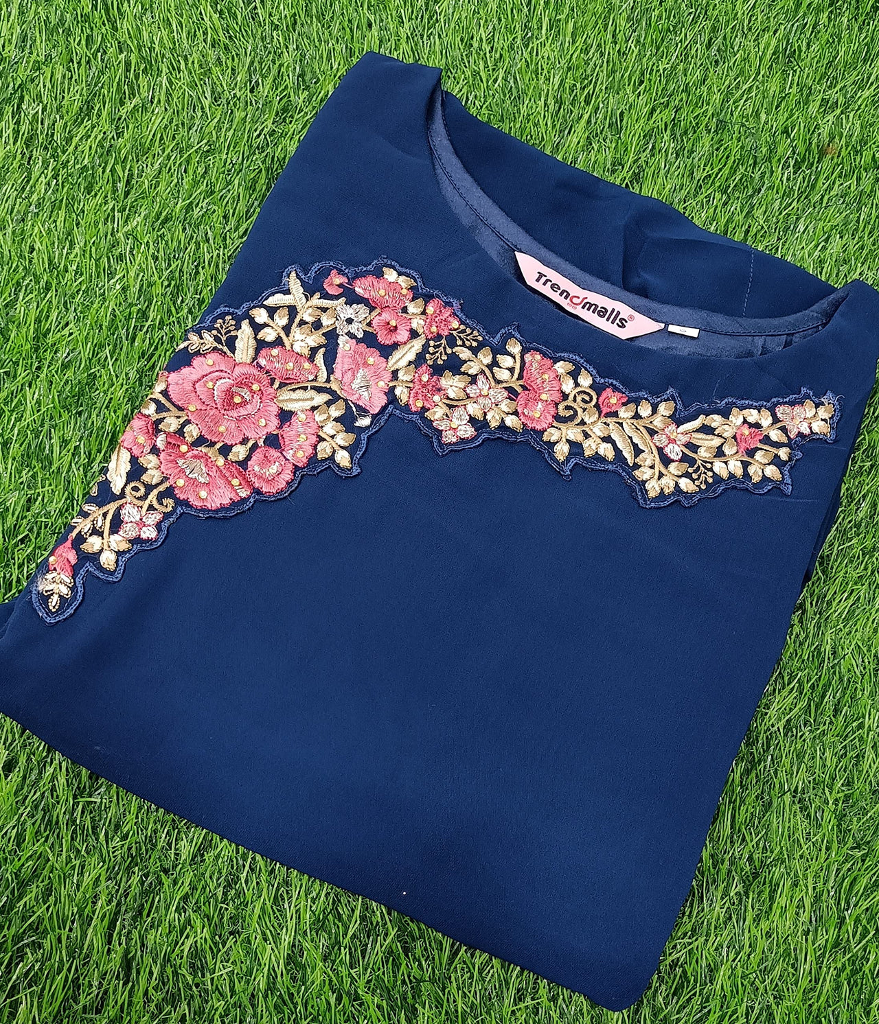 TRENDMALLS Women's  Fox Georgette Blooming Flared Long Stitched Embroidery Butta Work Anarkali Kurti Gown