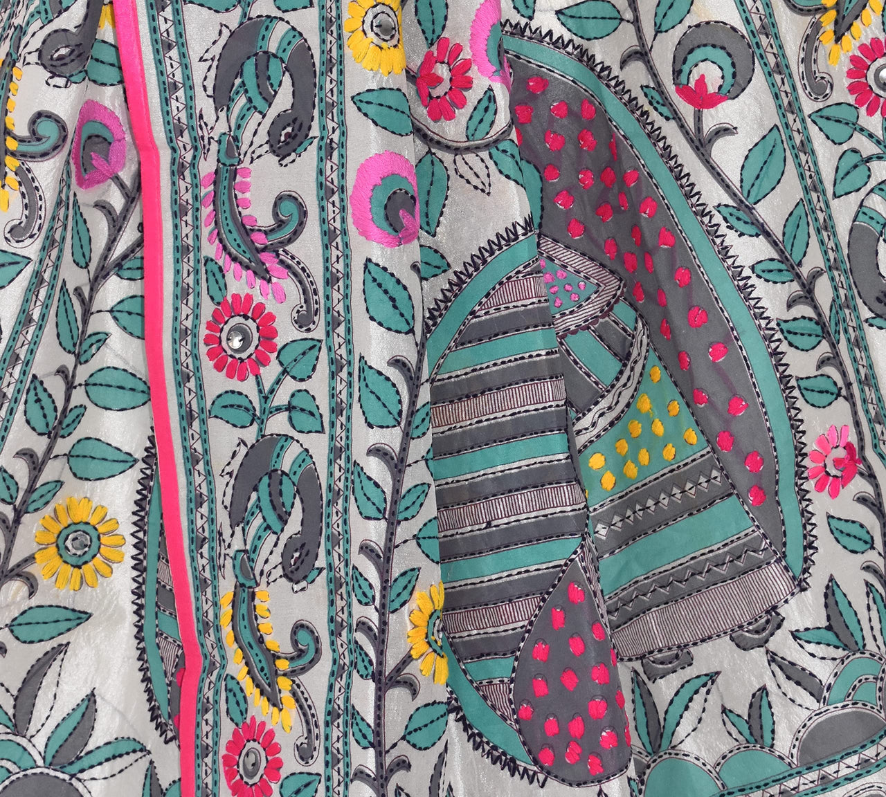 tweedle Chanderi Phulkari/Fulkari Dupatta for Women in Madhubani Kantha Embroidery