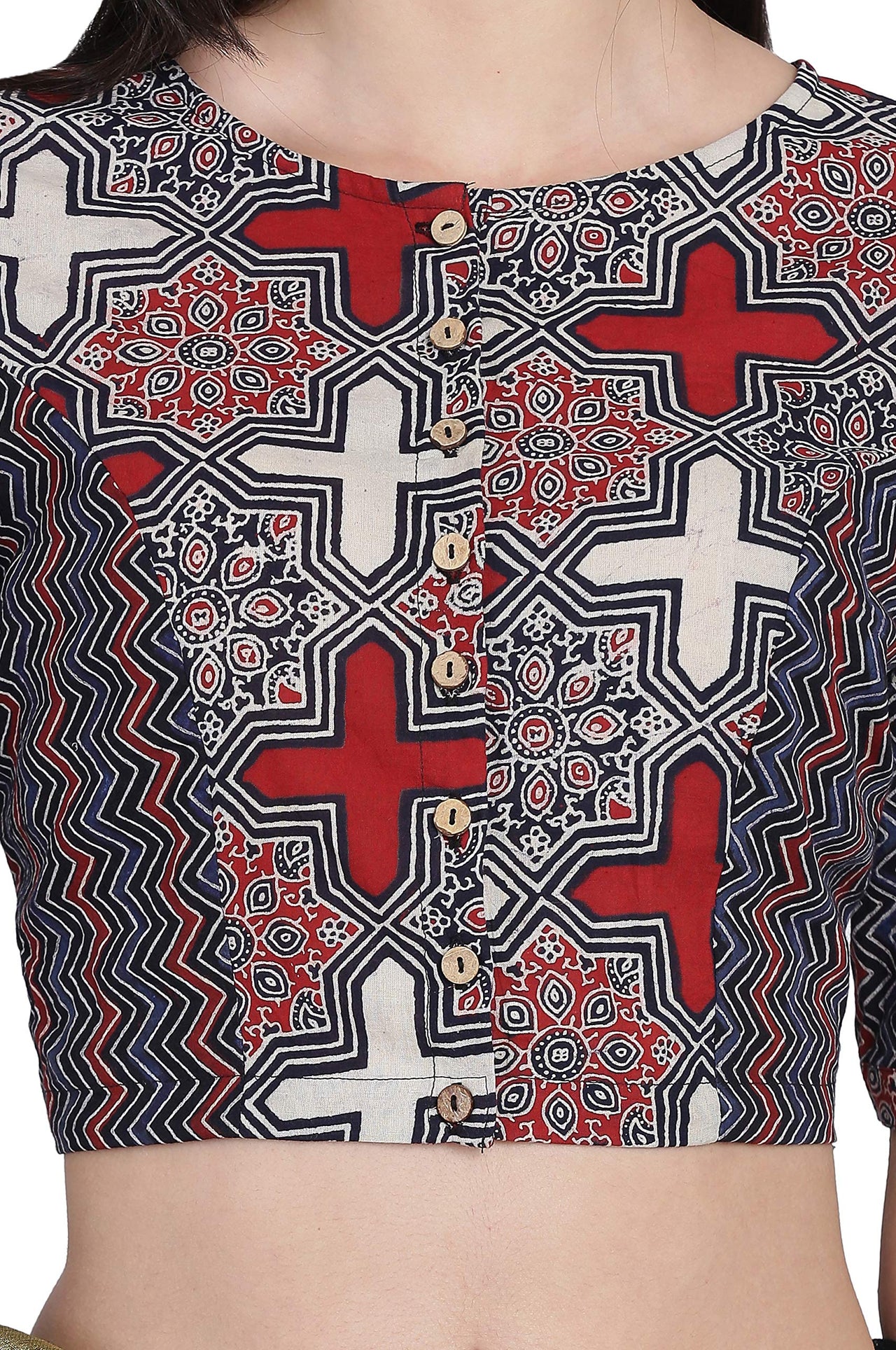 THE WEAVE TRAVELLER Handloom Readymade Ajrakh Cotton Blouse for Women and Girls