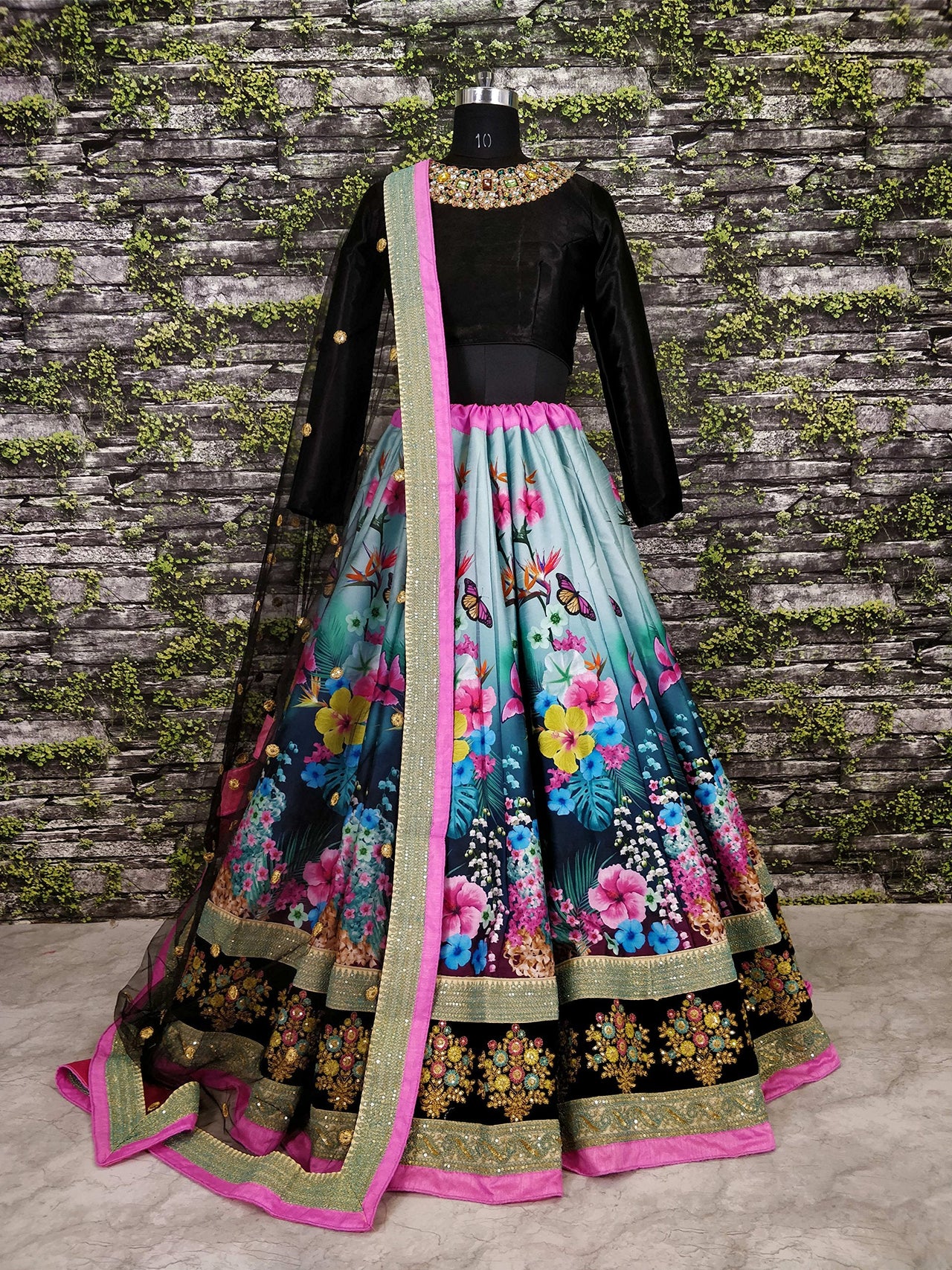Zeel Clothing Women's  Velvet & Silk Semi stitched Lehenga Choli (7005-ZC_Black_Free Size)