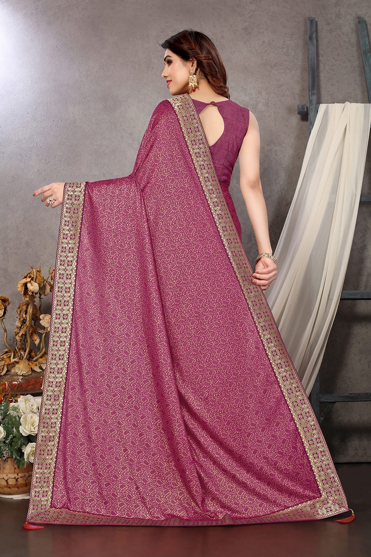 MIRCHI FASHION Women's  Stylish Lycra Foil Printed Design with Zari Woven Lace Work Saree with Blouse Piece