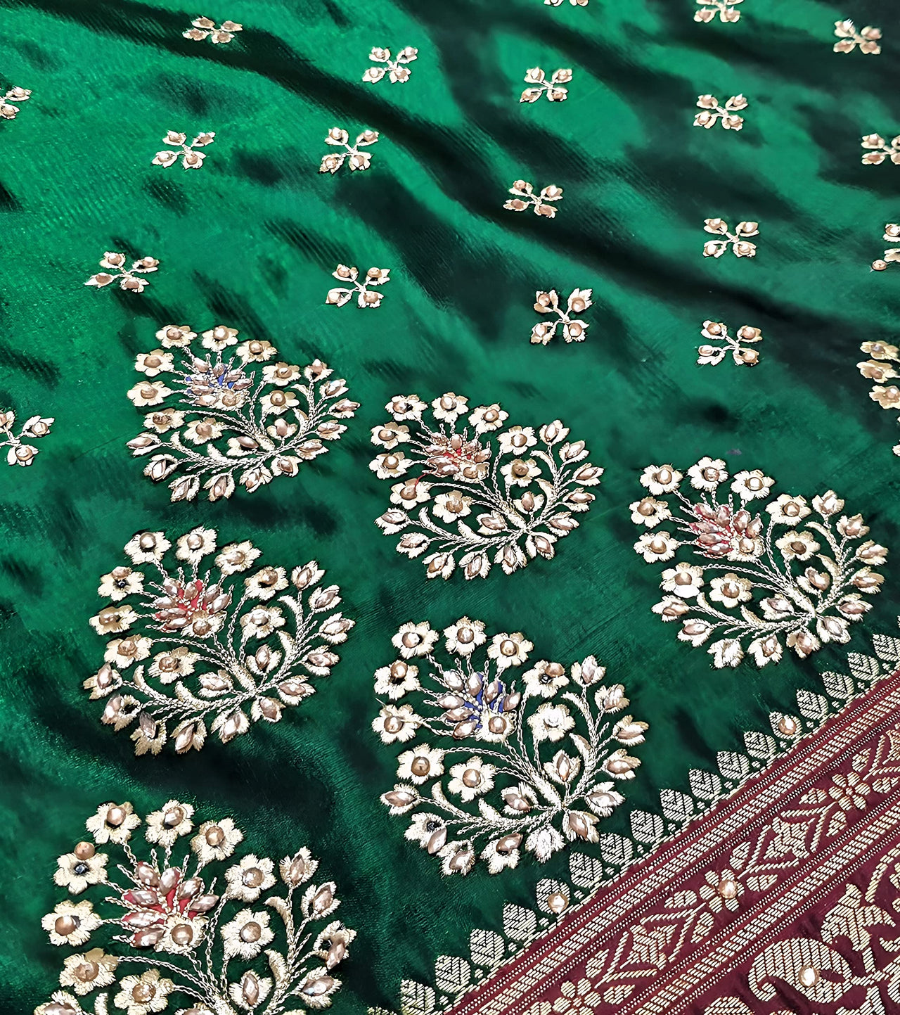 Shravanya Women's  Banarasi Silk Saree with Designer Embroidery and Stone Work with Jacquard Pallu, Border and Plain Unstitched Blouse Piece