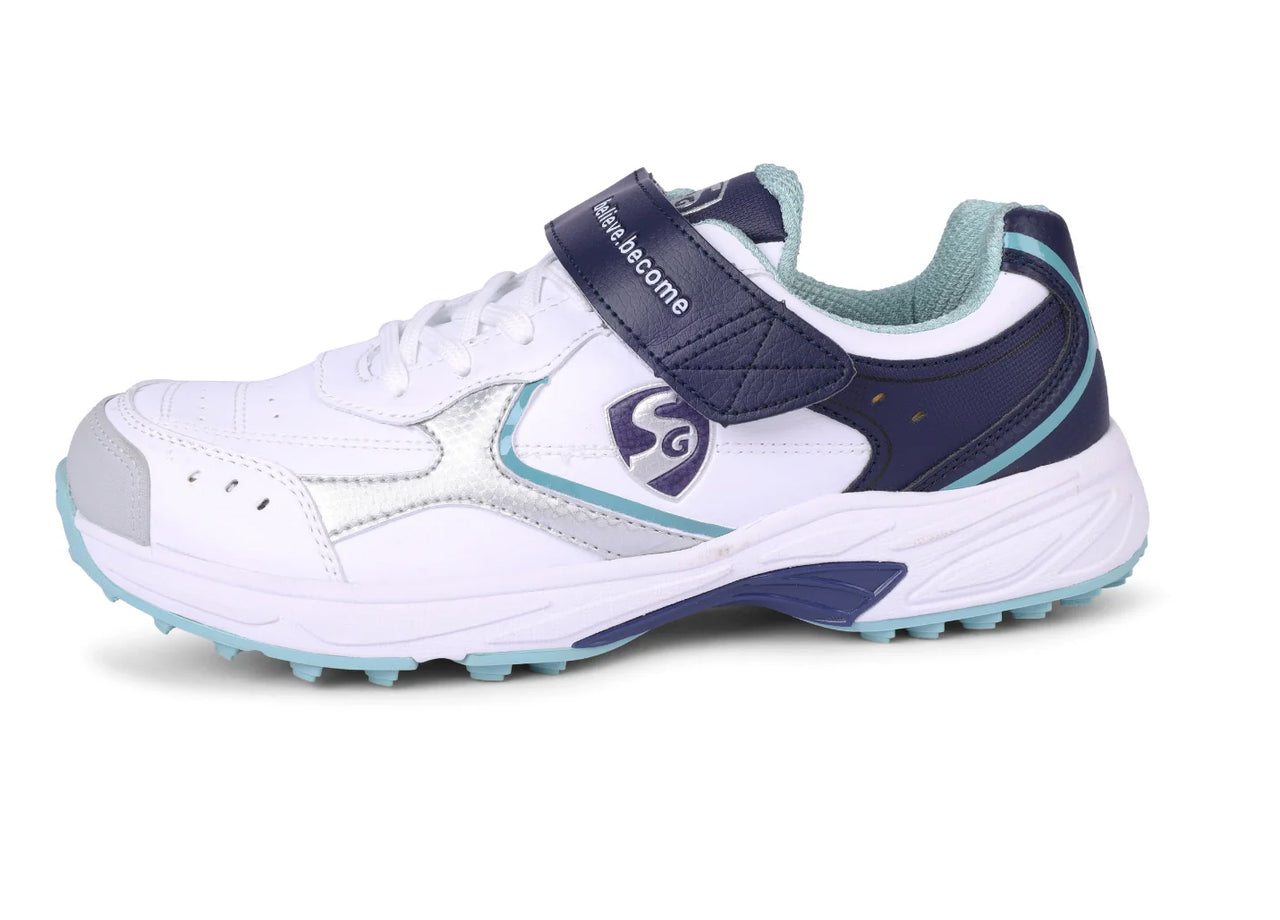SG ARMOUR STUD Cricket Shoes In White/Navy/Teal – Your Ultimate Cricket Companion