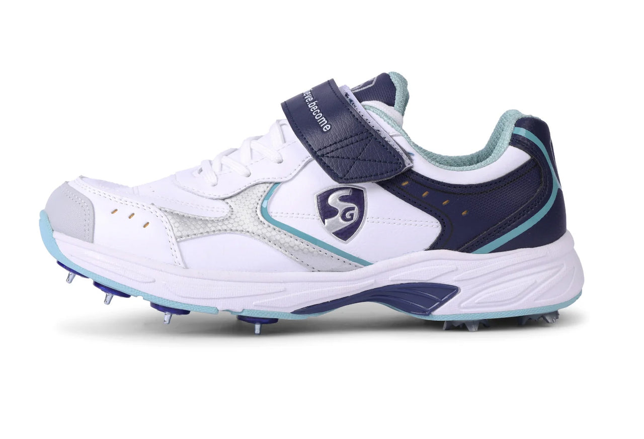 SG ARMOUR SPIKE Cricket Shoes : Unlock Peak Performance With Biomechanically Engineered Design And Advanced Stability (WHITE/NAVY/TEAL)