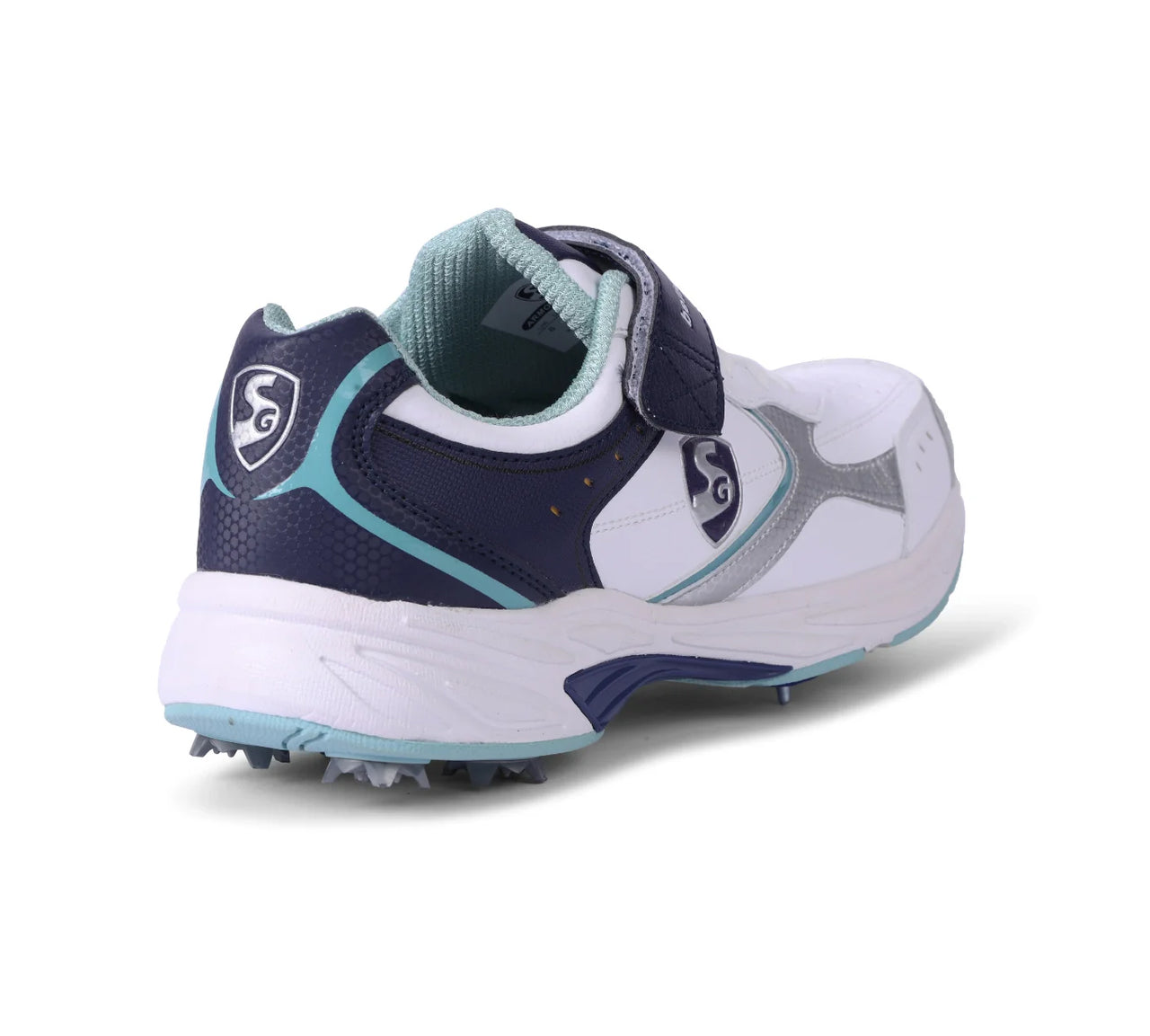 SG ARMOUR SPIKE Cricket Shoes : Unlock Peak Performance With Biomechanically Engineered Design And Advanced Stability (WHITE/NAVY/TEAL)
