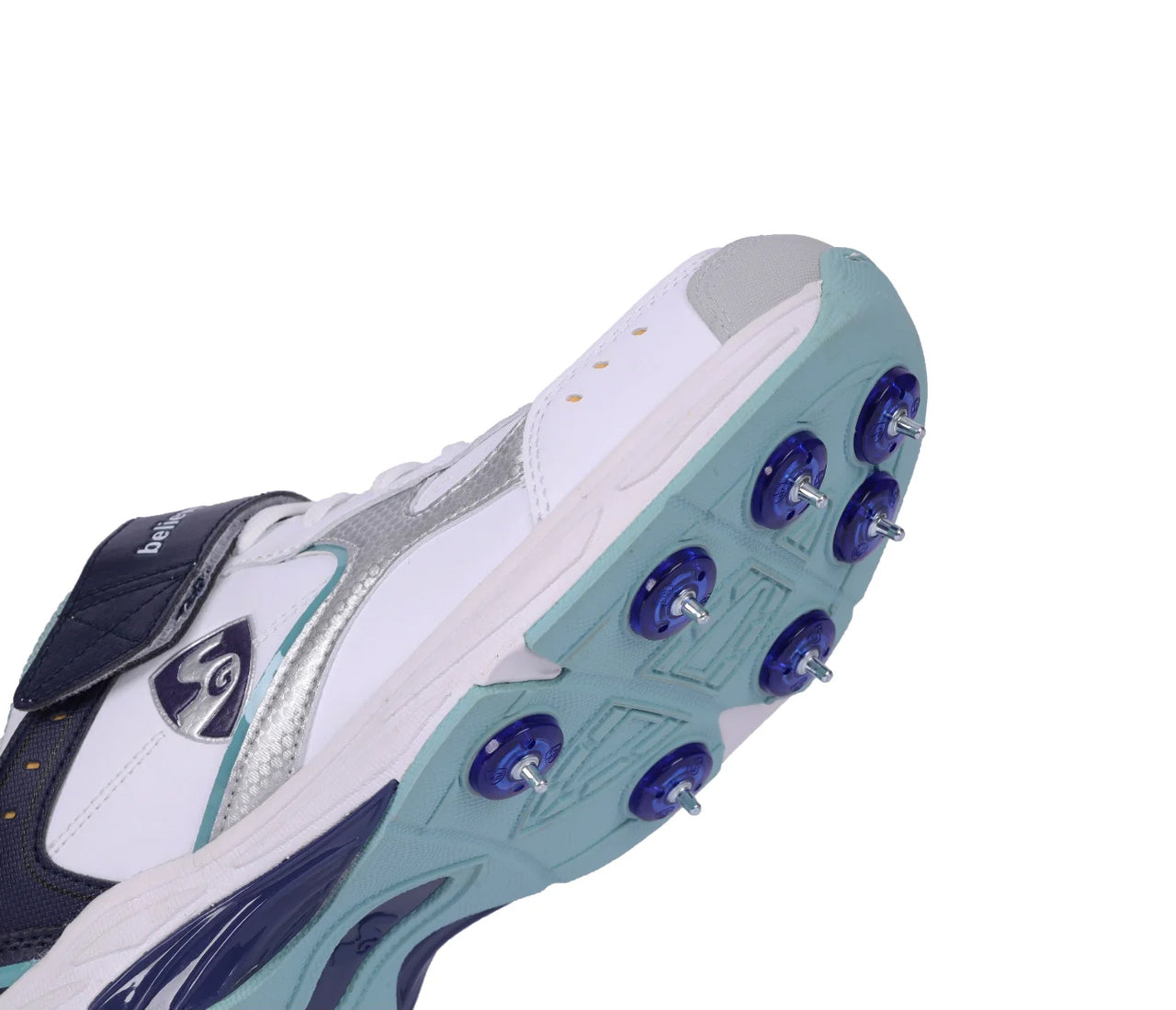 SG ARMOUR SPIKE Cricket Shoes : Unlock Peak Performance With Biomechanically Engineered Design And Advanced Stability (WHITE/NAVY/TEAL)