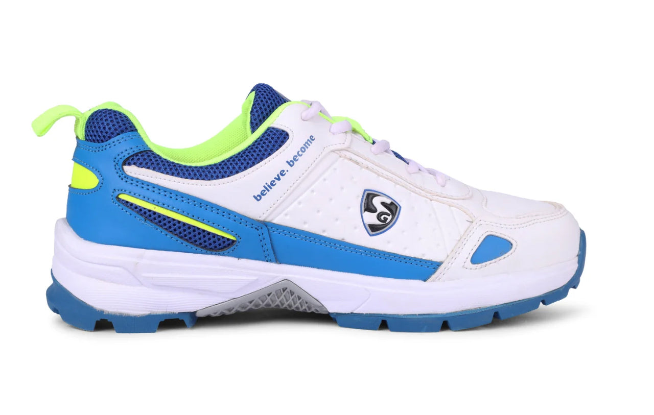 SG CLUB 6.0 Cricket Shoe: Classic White With Royal Blue And Lime Accents For Style And Performance