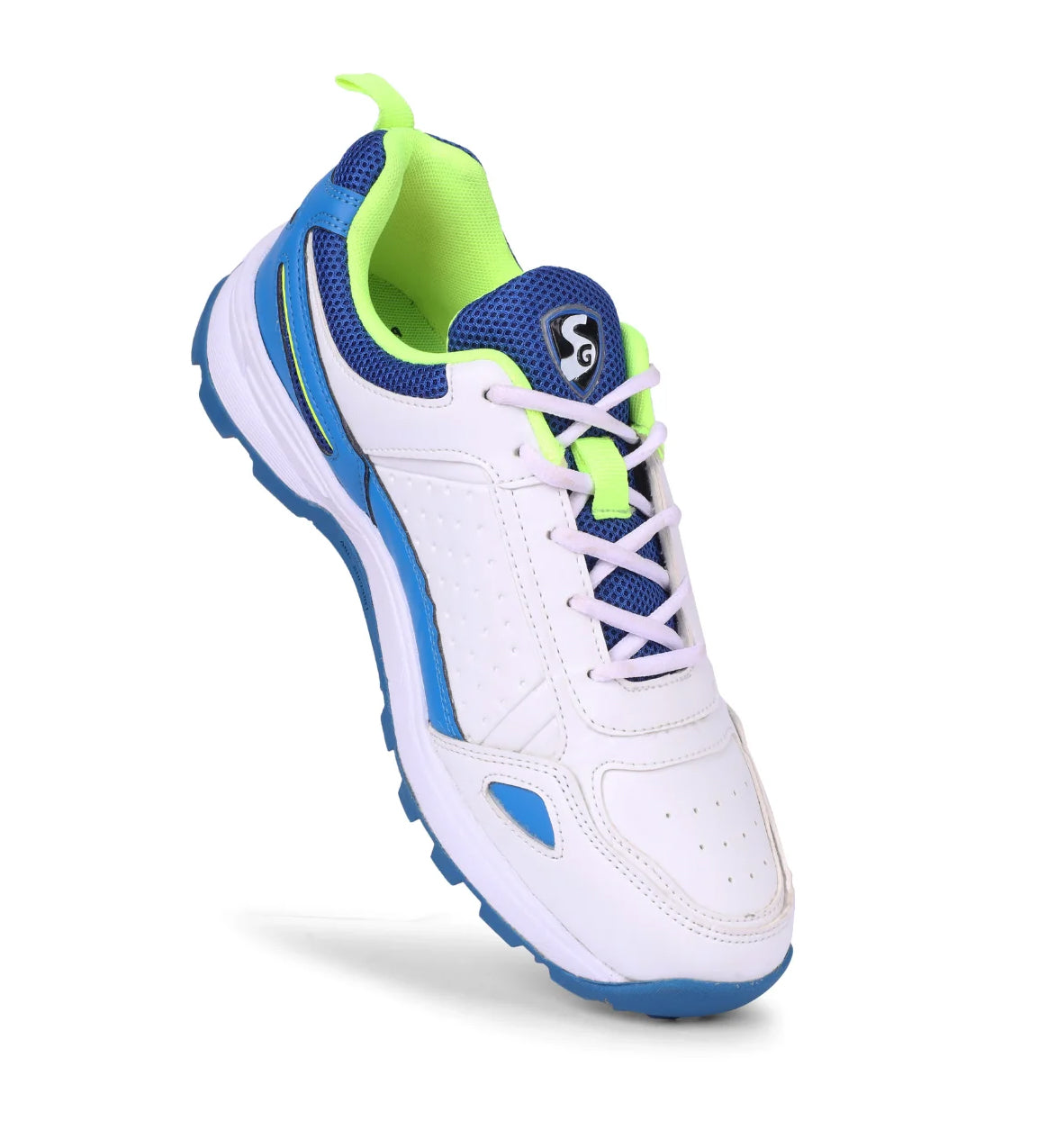 SG CLUB 6.0 Cricket Shoe: Classic White With Royal Blue And Lime Accents For Style And Performance
