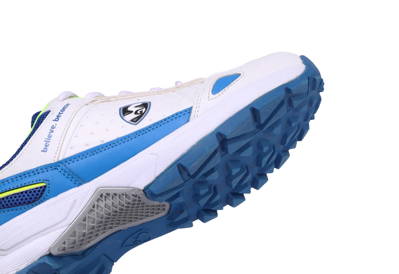 SG CLUB 6.0 Cricket Shoe: Classic White With Royal Blue And Lime Accents For Style And Performance