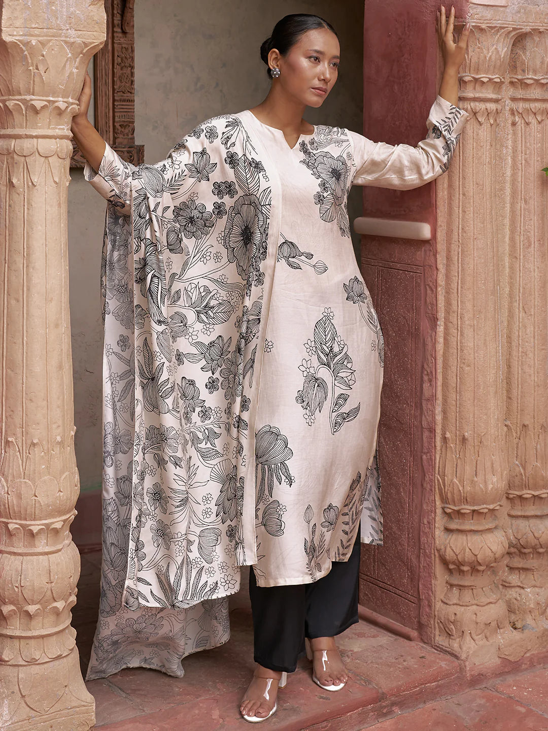 Monochrome Printed Silk Blend Straight Suit with Dupatta