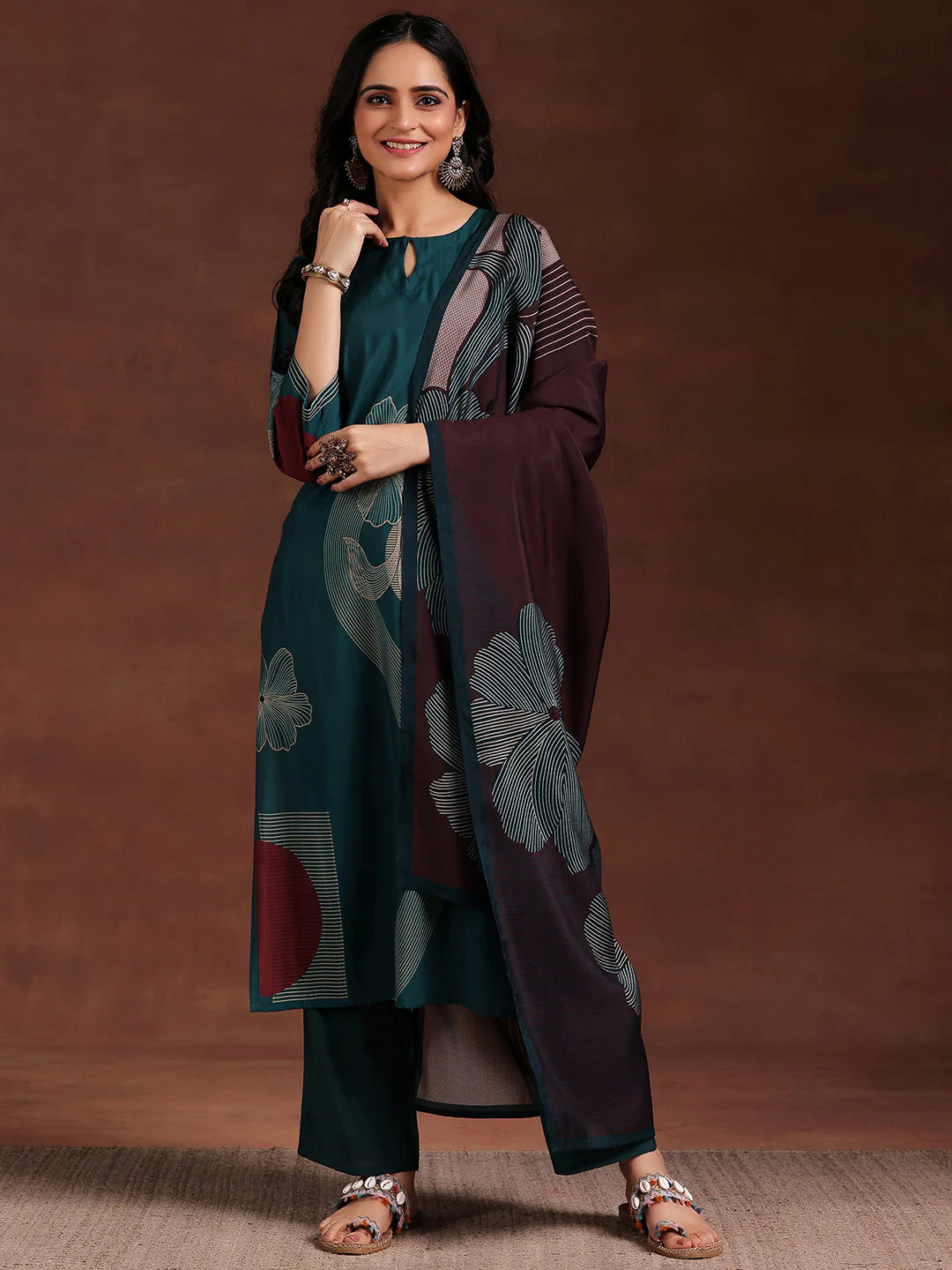 Teal Printed Silk Blend Straight Suit with Dupatta
