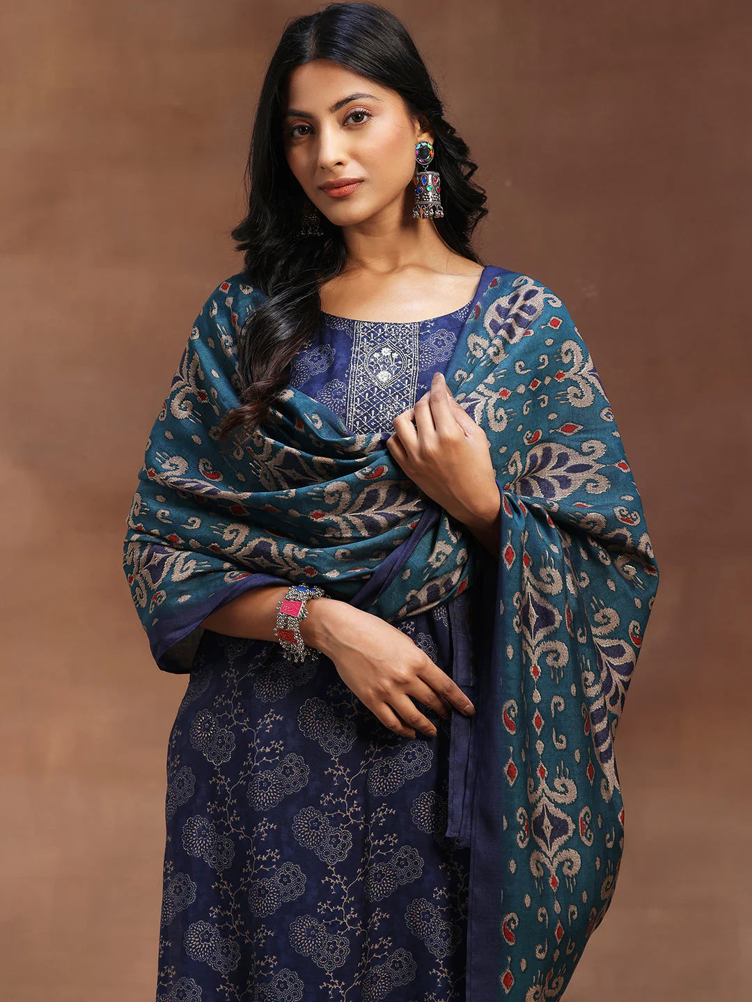 Blue Printed Silk Blend Straight Suit with Dupatta