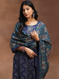 Blue Printed Silk Blend Straight Suit with Dupatta