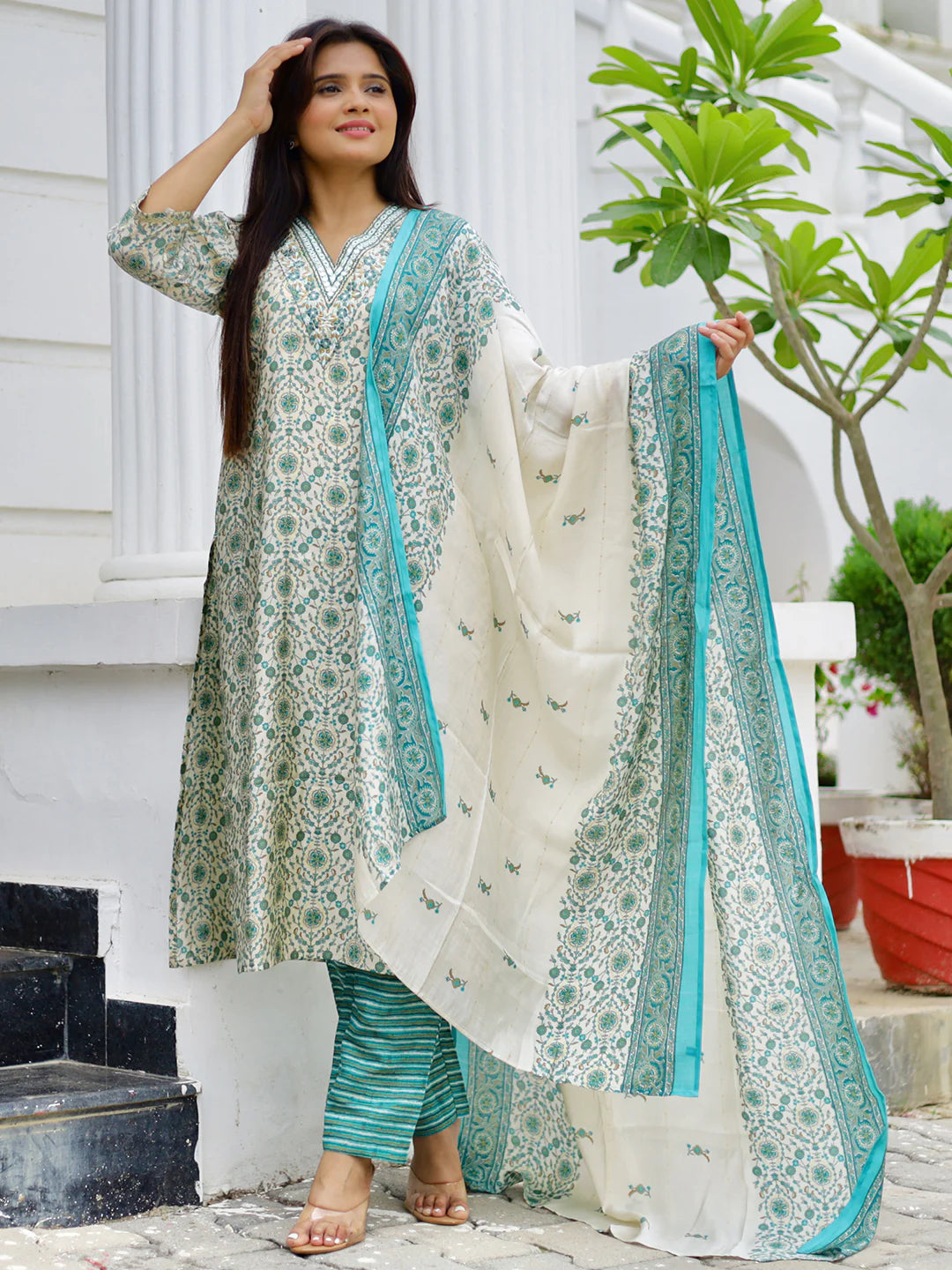 Blue Printed Silk Blend Straight Suit with Dupatta