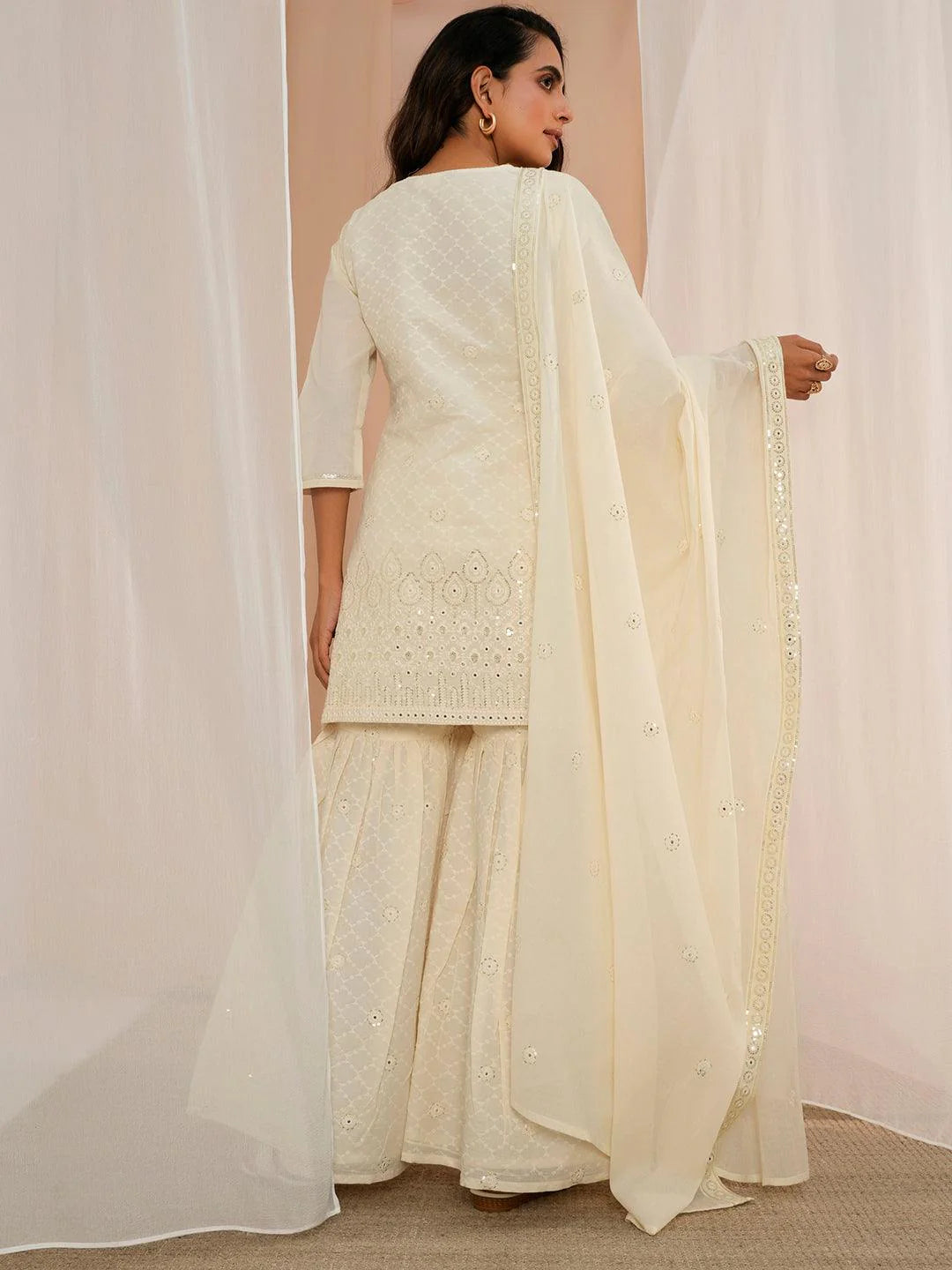 Off White Embroidered Cotton Straight Suit with Dupatta