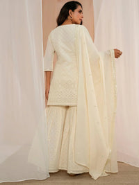 Off White Embroidered Cotton Straight Suit with Dupatta