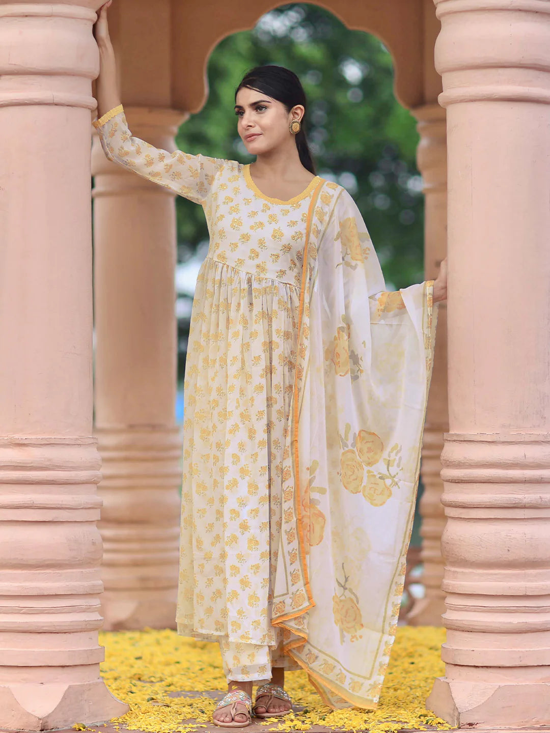 Off White Printed Poly Chiffon A-Line Kurta with Trousers & Dupatta