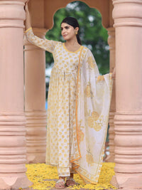 Off White Printed Poly Chiffon A-Line Kurta with Trousers & Dupatta