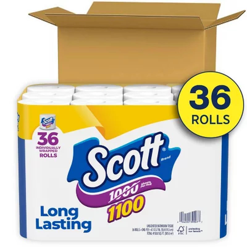 Scott 1100 1-Ply Toilet Paper 36 Rolls, 1100 Sheets/Roll