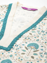 Beige Printed Chanderi Silk A-Line Kurta with Palazzos