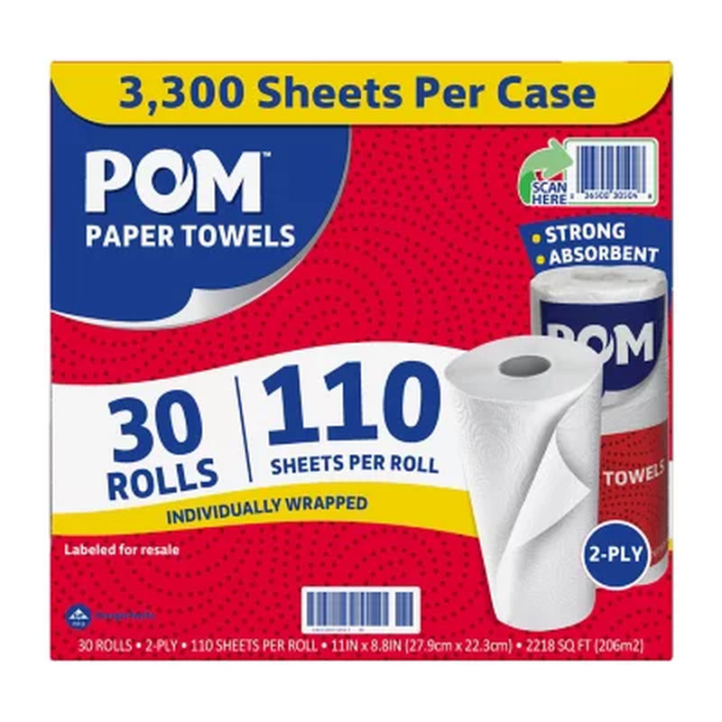 POM Individually Wrapped 2-Ply Paper Towels 30 Rolls, 110 Sheets/Roll