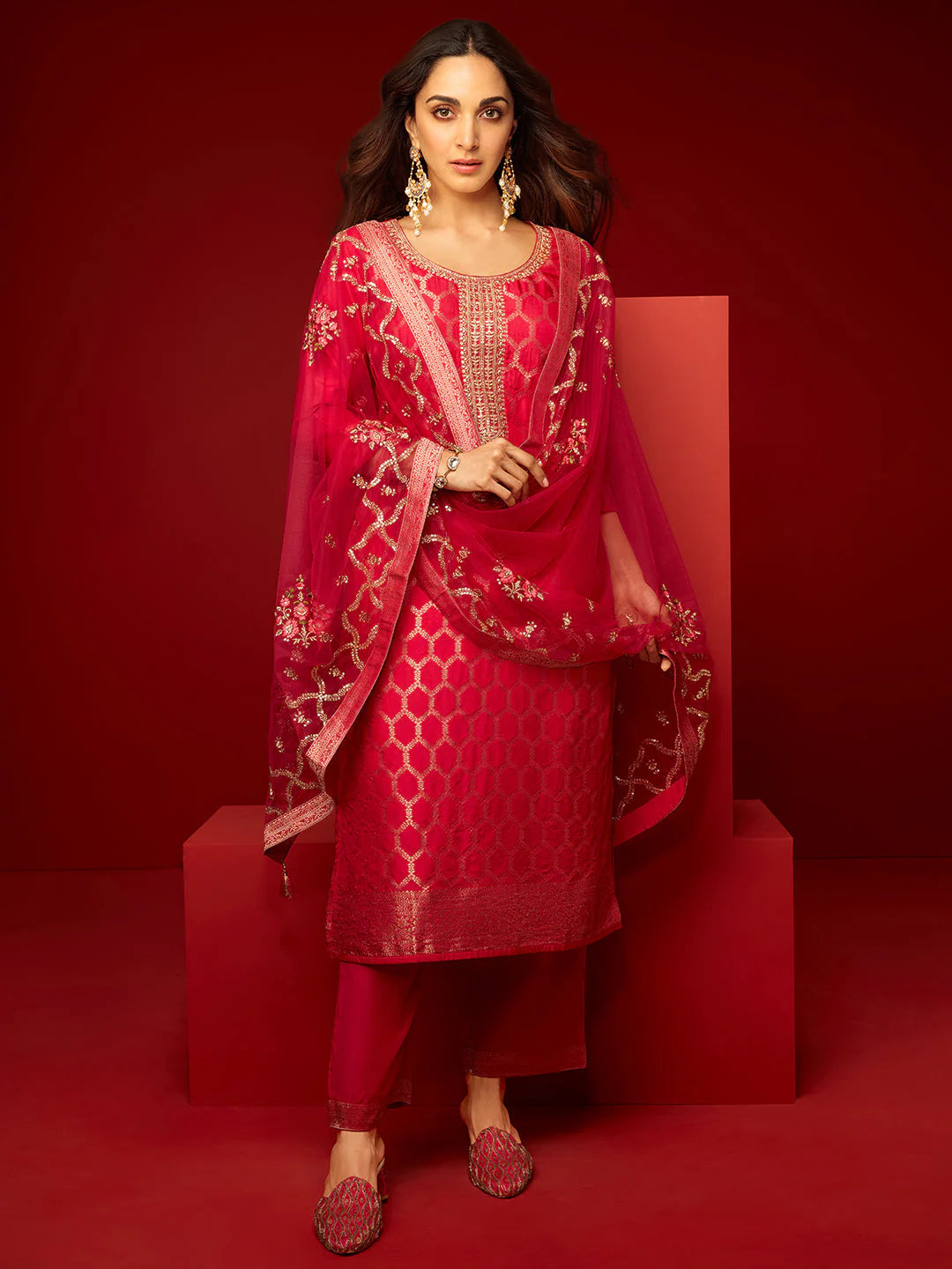 Pink Woven Design Silk Blend Straight Suit with Dupatta