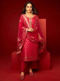 Pink Woven Design Silk Blend Straight Suit with Dupatta