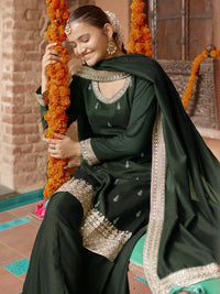 Green Embroidered Silk Blend Straight Suit with Dupatta