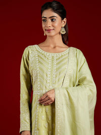 Libas Art Green Embroidered Silk A-Line Kurta with Trousers & Dupatta