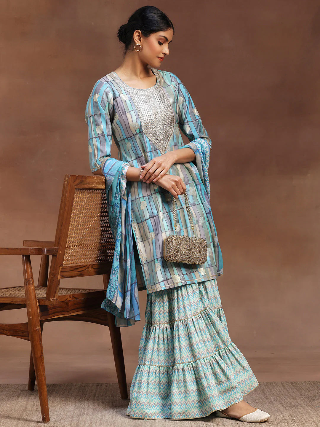 Blue Printed Silk Blend Straight Suit with Dupatta