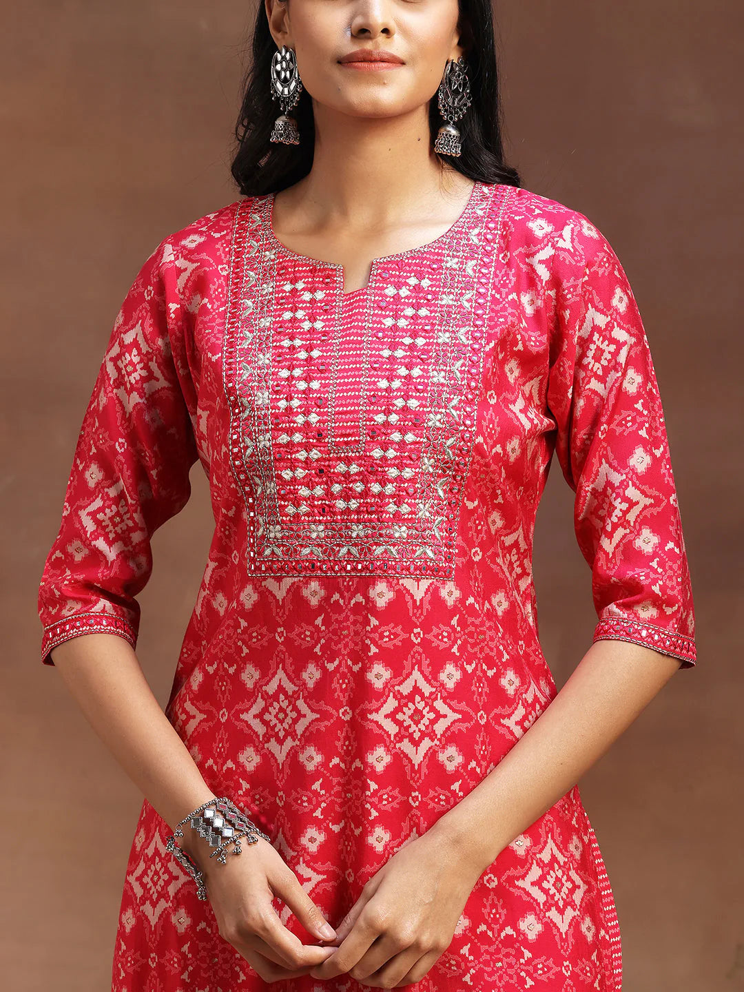 Pink Printed Silk Blend Straight Suit with Dupatta