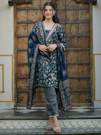 Blue Printed Silk Blend A-Line Kurta with Salwar & Dupatta