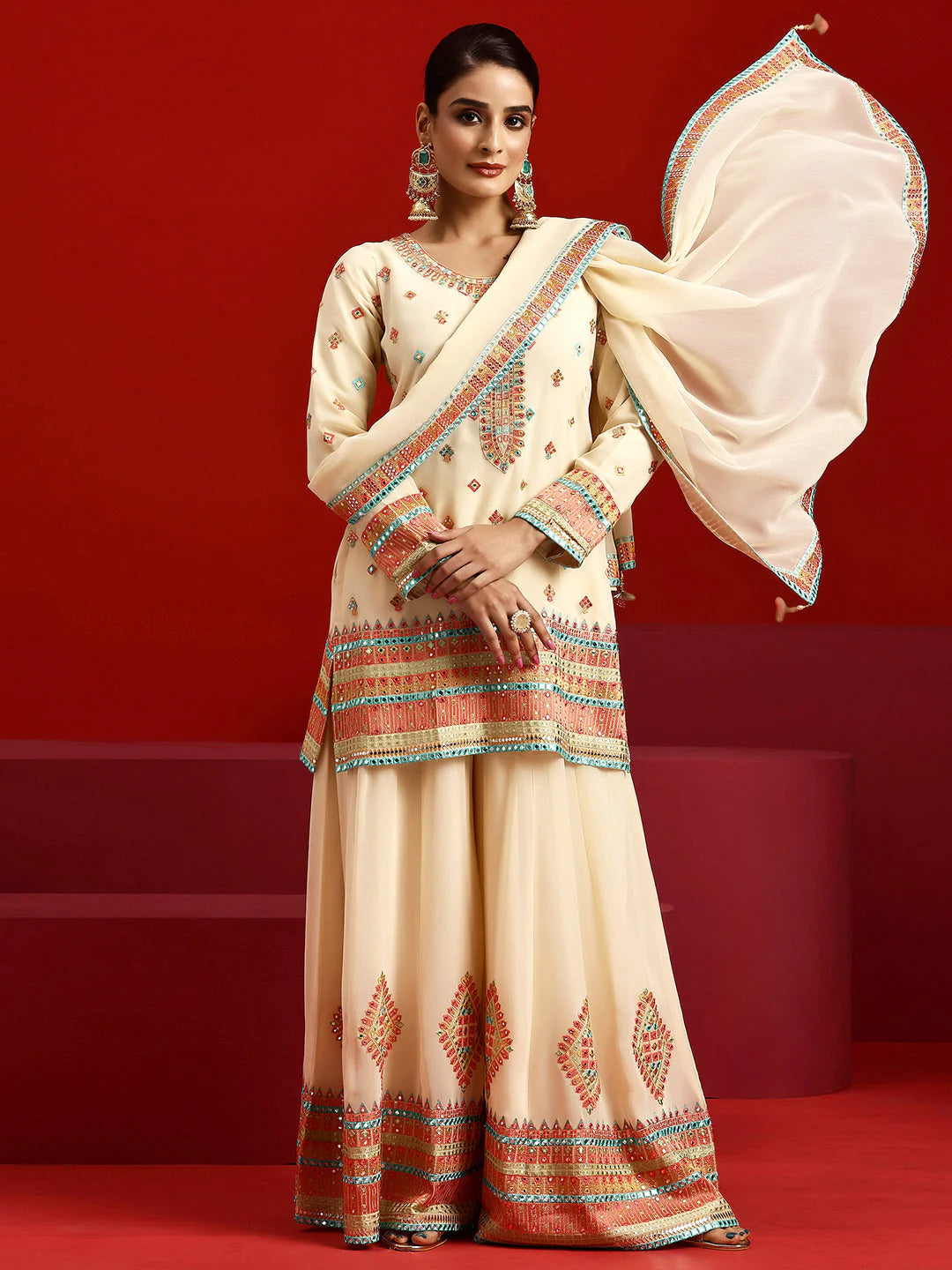 Libas Art Ivory Embroidered Georgette Straight Suit with Dupatta