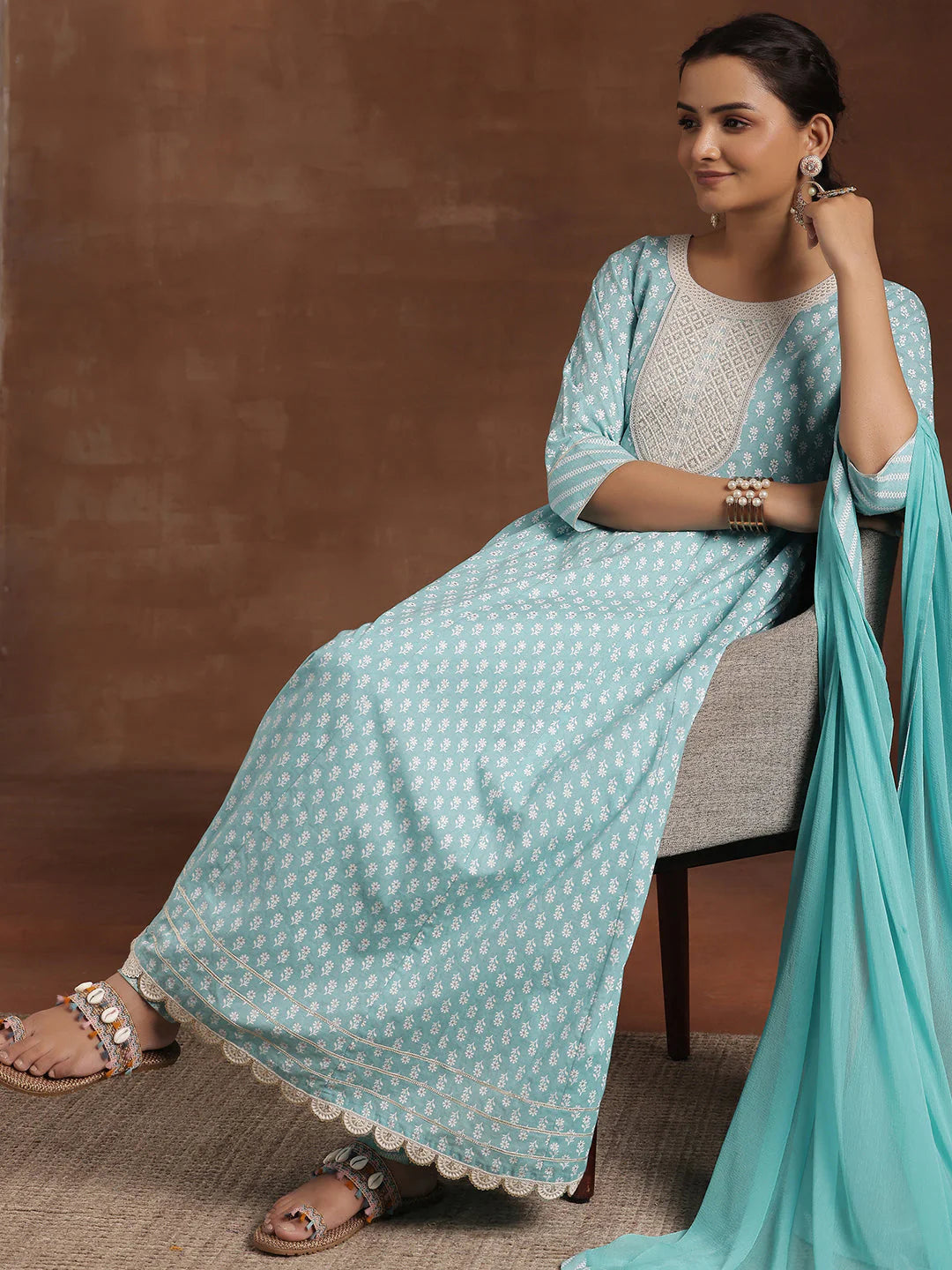 Blue Printed Cotton A-Line Kurta with Churidar & Dupatta