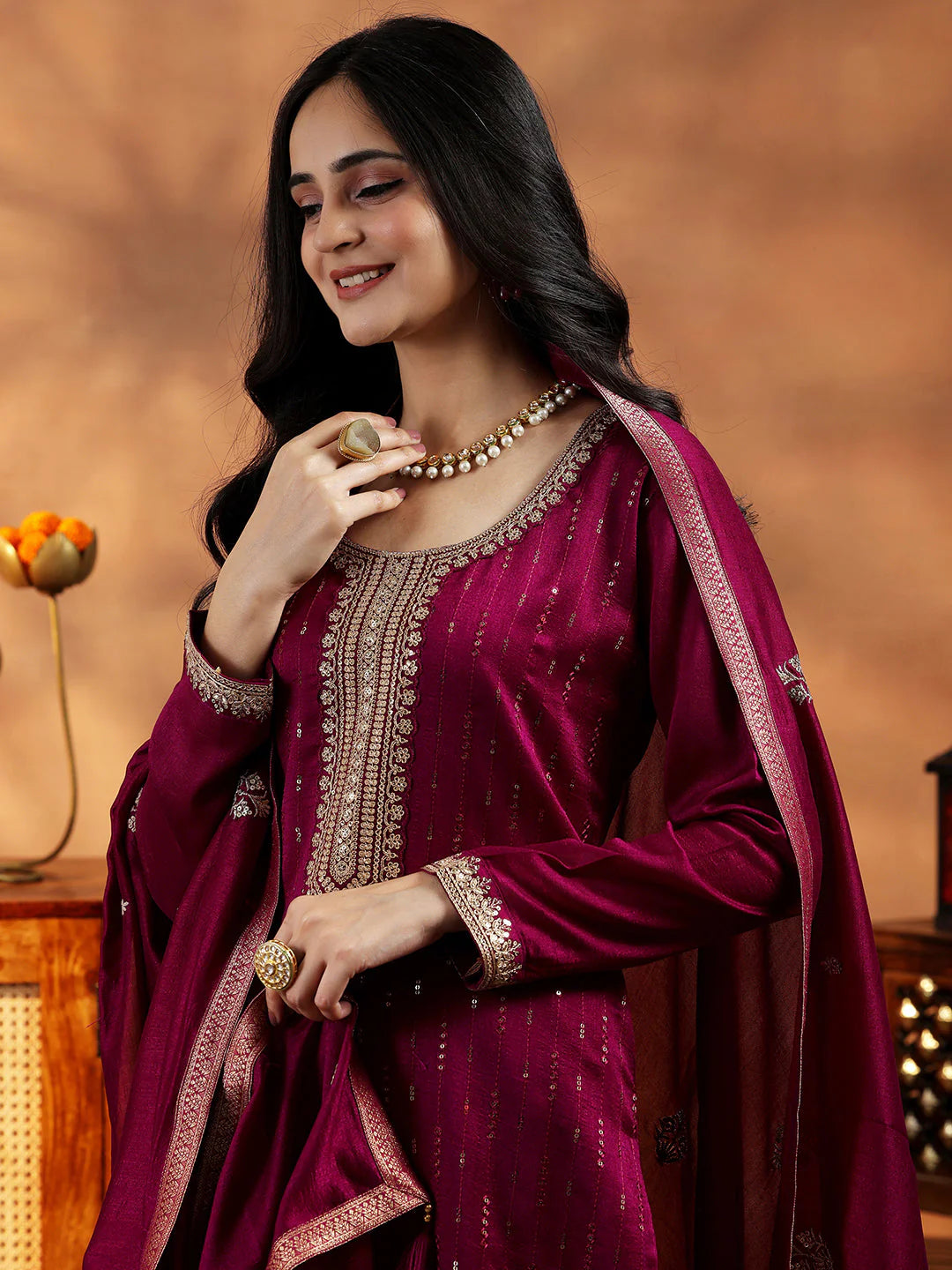 Maroon Embroidered Silk Blend Straight Suit with Dupatta