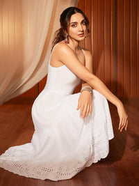 The Kiara Cut Suramya White Self Design Cotton A-Line Kurta with Trousers